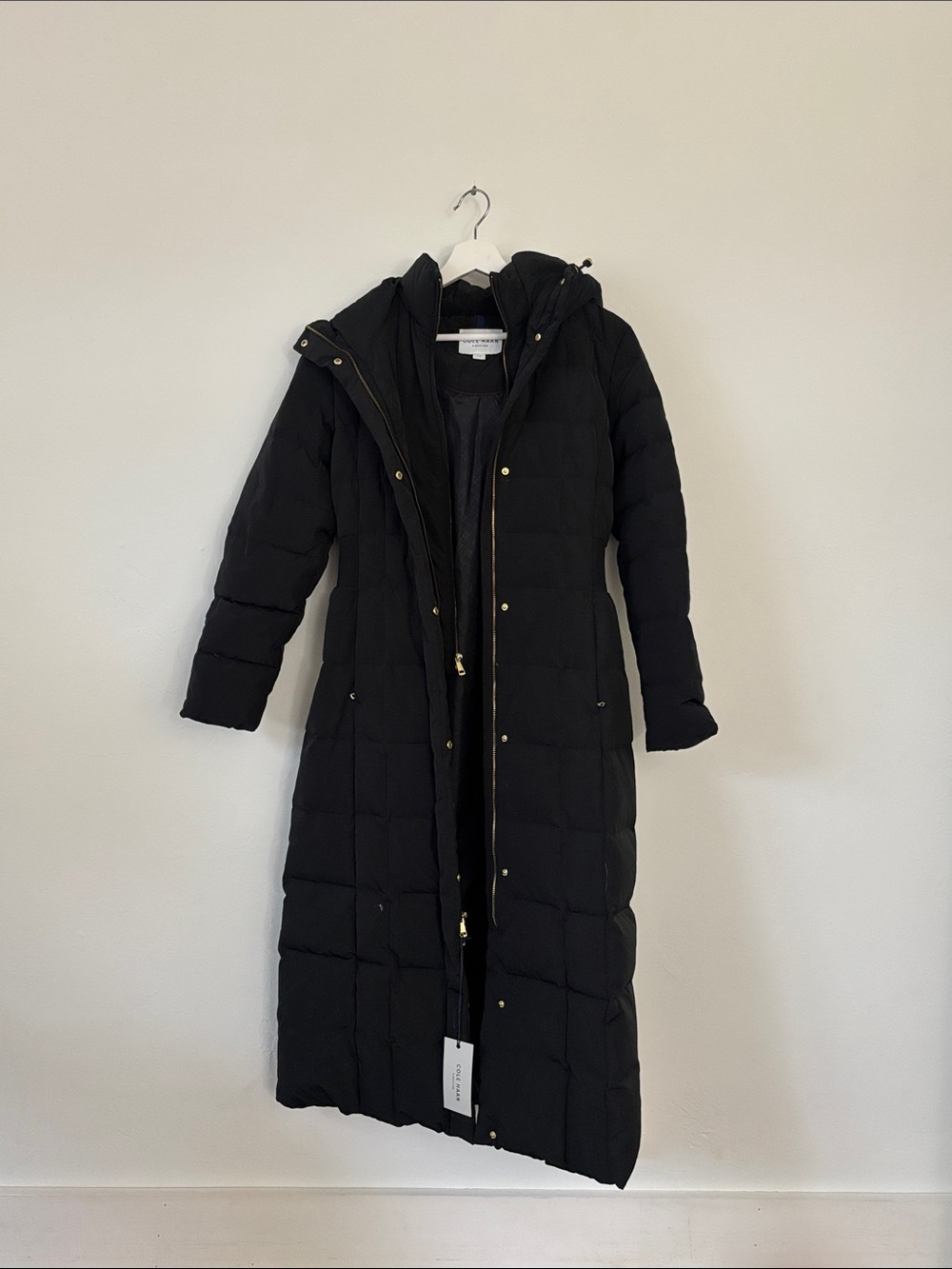 Cole Haan Black Long Quilted Hooded Puffer Coat